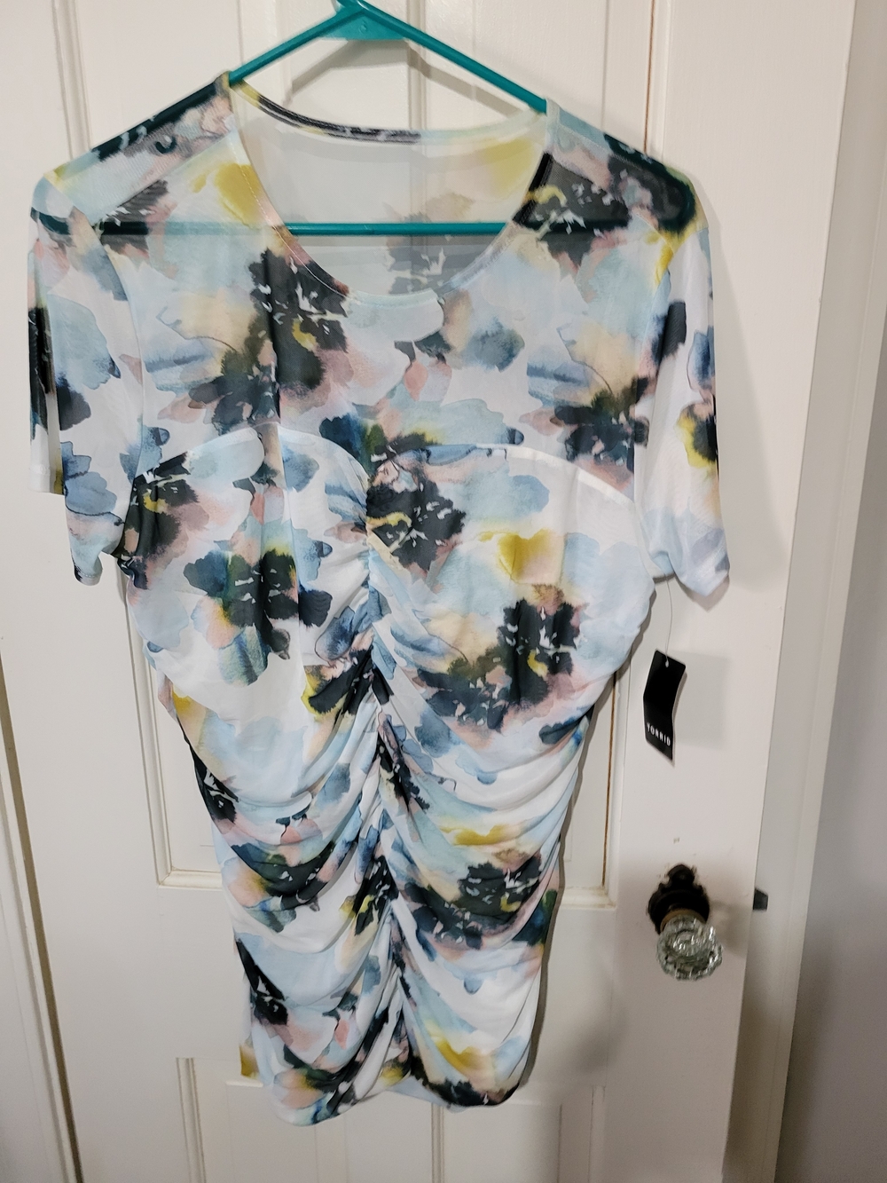 Ruched Short-Sleeve Floral Watercolor Top - Blue Multi